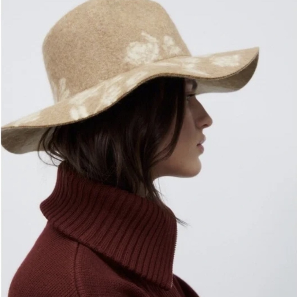 Zara Cream-Tan Patterned Wide Brim Wool Hat